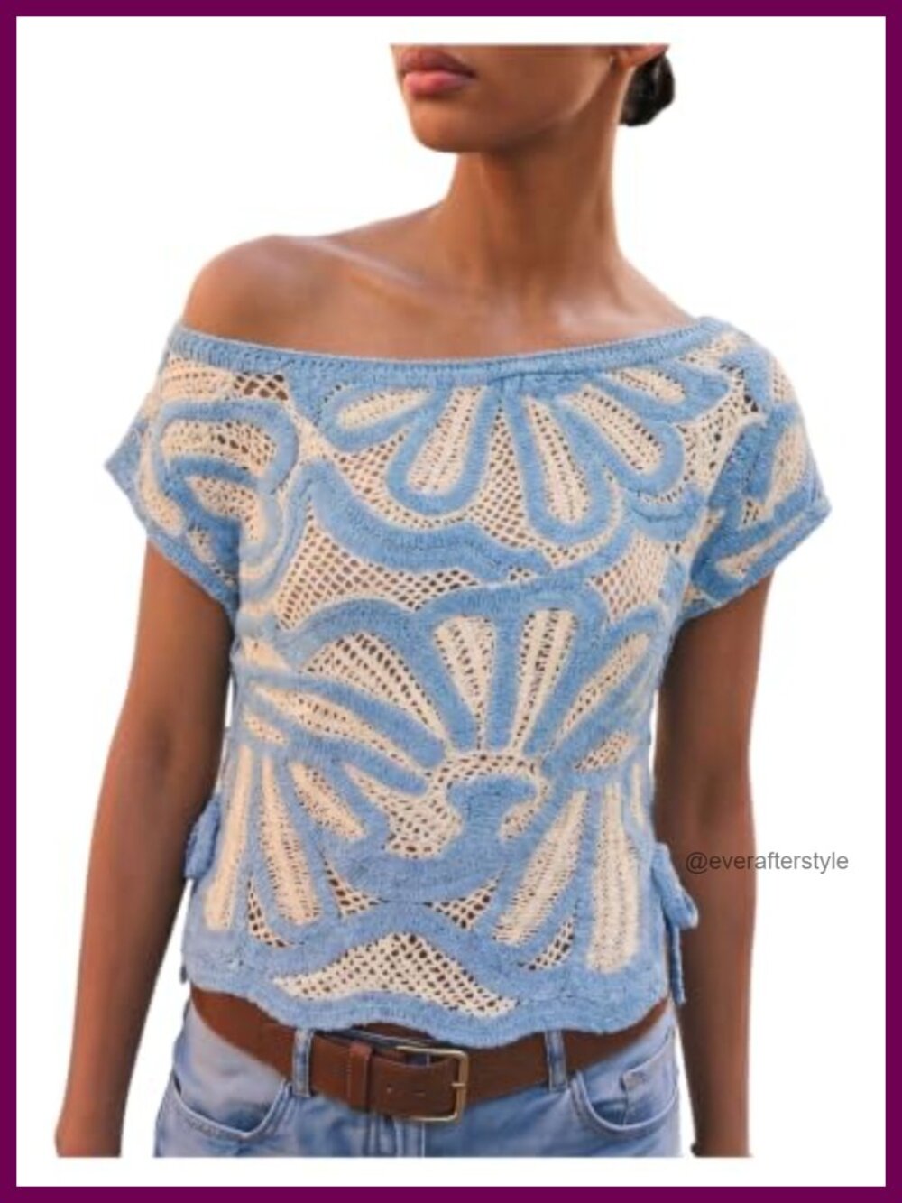 Crochet Floral Off Shoulder Knit Top Short Sleeve Summer Pullover